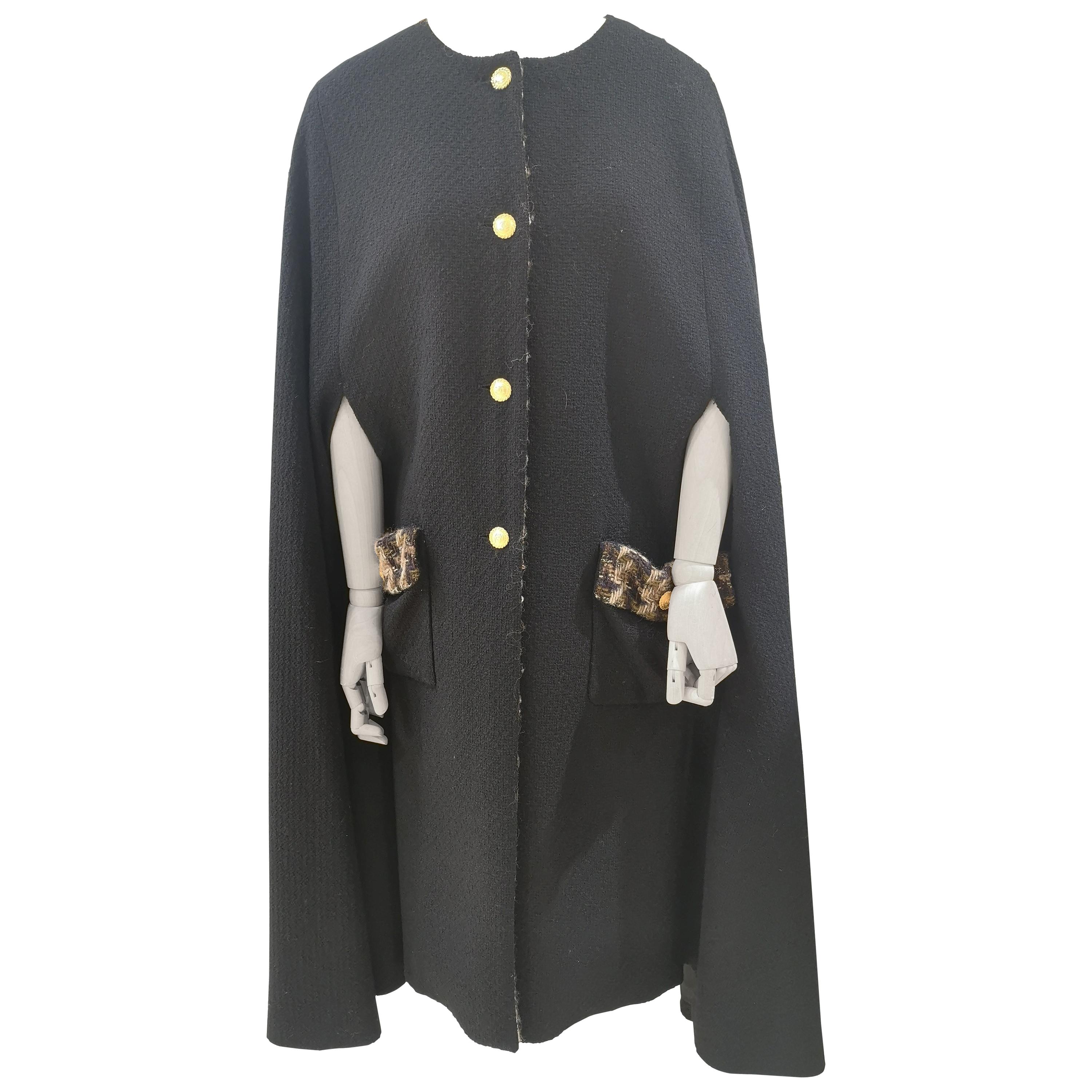 Chanel black wool and silk cape at 1stDibs | chanel cape