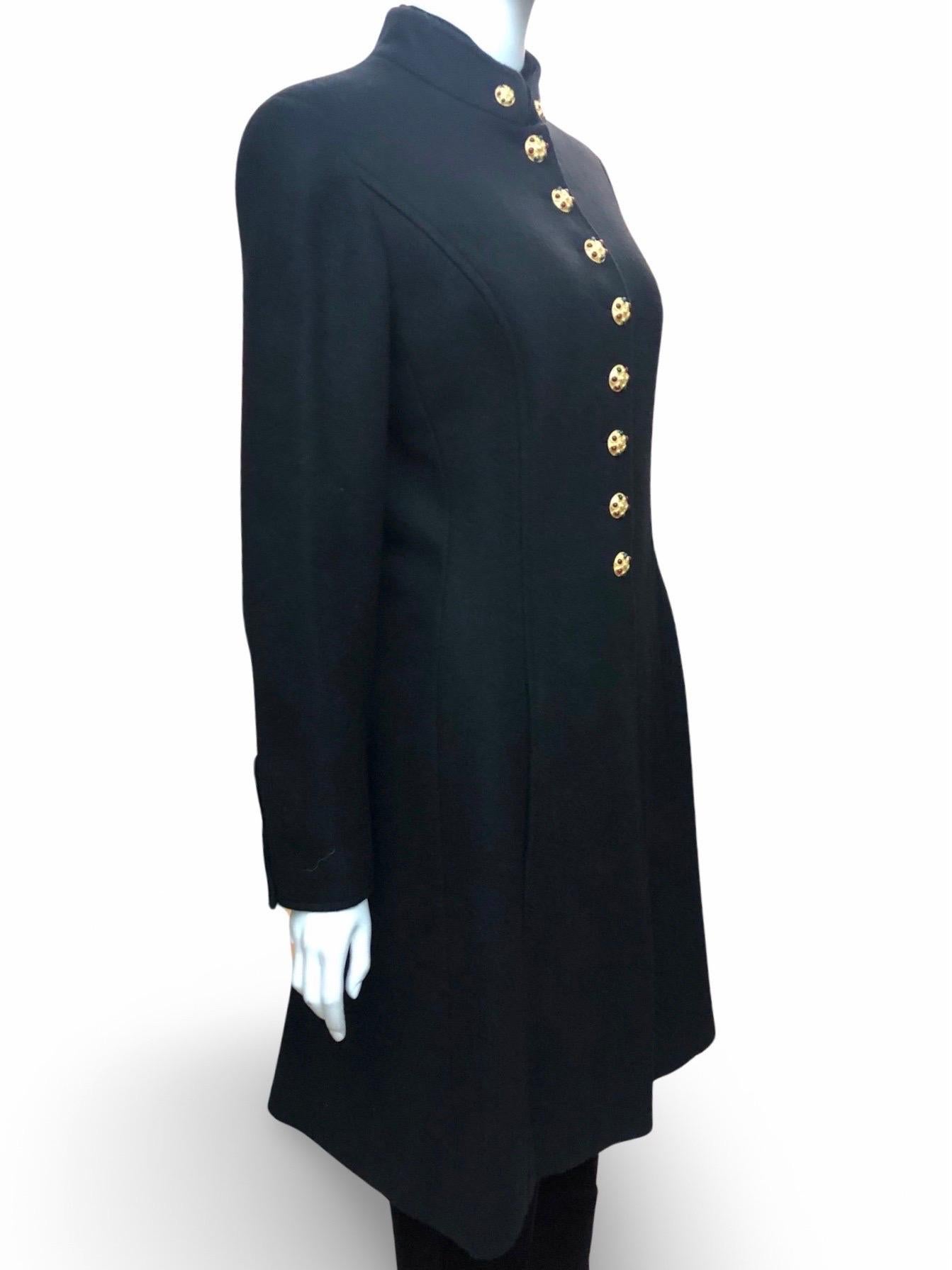 Chanel Black Wool and Velvet Gripoix Jewelled Gold Toned buttons Long Jacket In Excellent Condition For Sale In Sheung Wan, HK