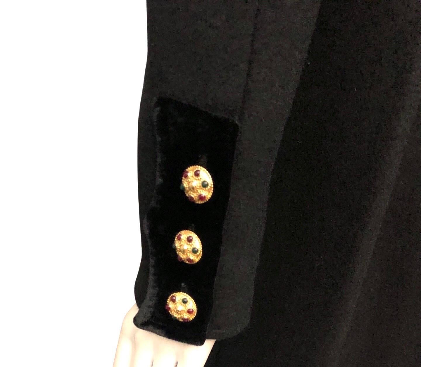 Chanel Black Wool and Velvet Gripoix Jewelled Gold Toned buttons Long Jacket For Sale 1