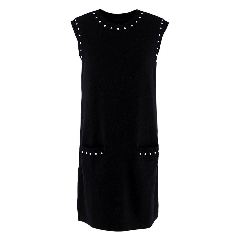 Chanel Faux Pearl Trim Black Wool Blend Knit Sleeveless Dress - Size US 8