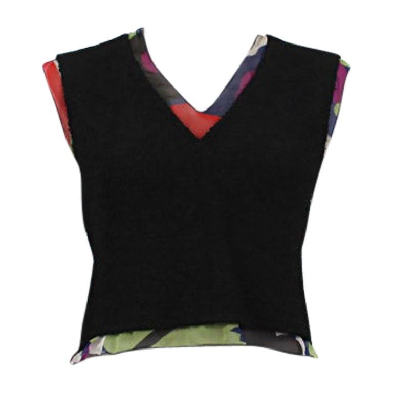 CHANEL black wool blend & multicolor silk Sleeveless Blouse Shirt 38 XS For Sale