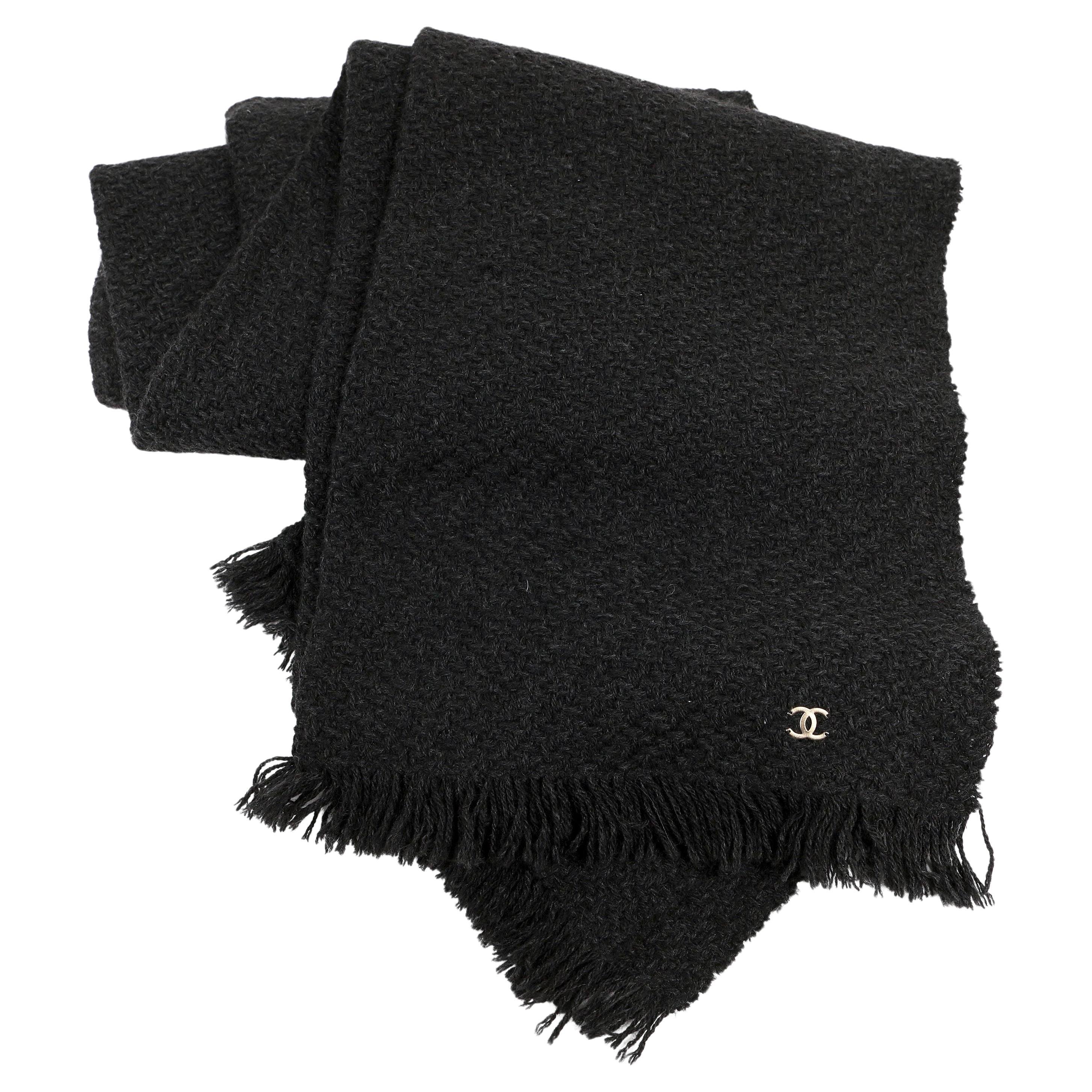 Chanel Black Wool Blend Scarf with CC Detail For Sale