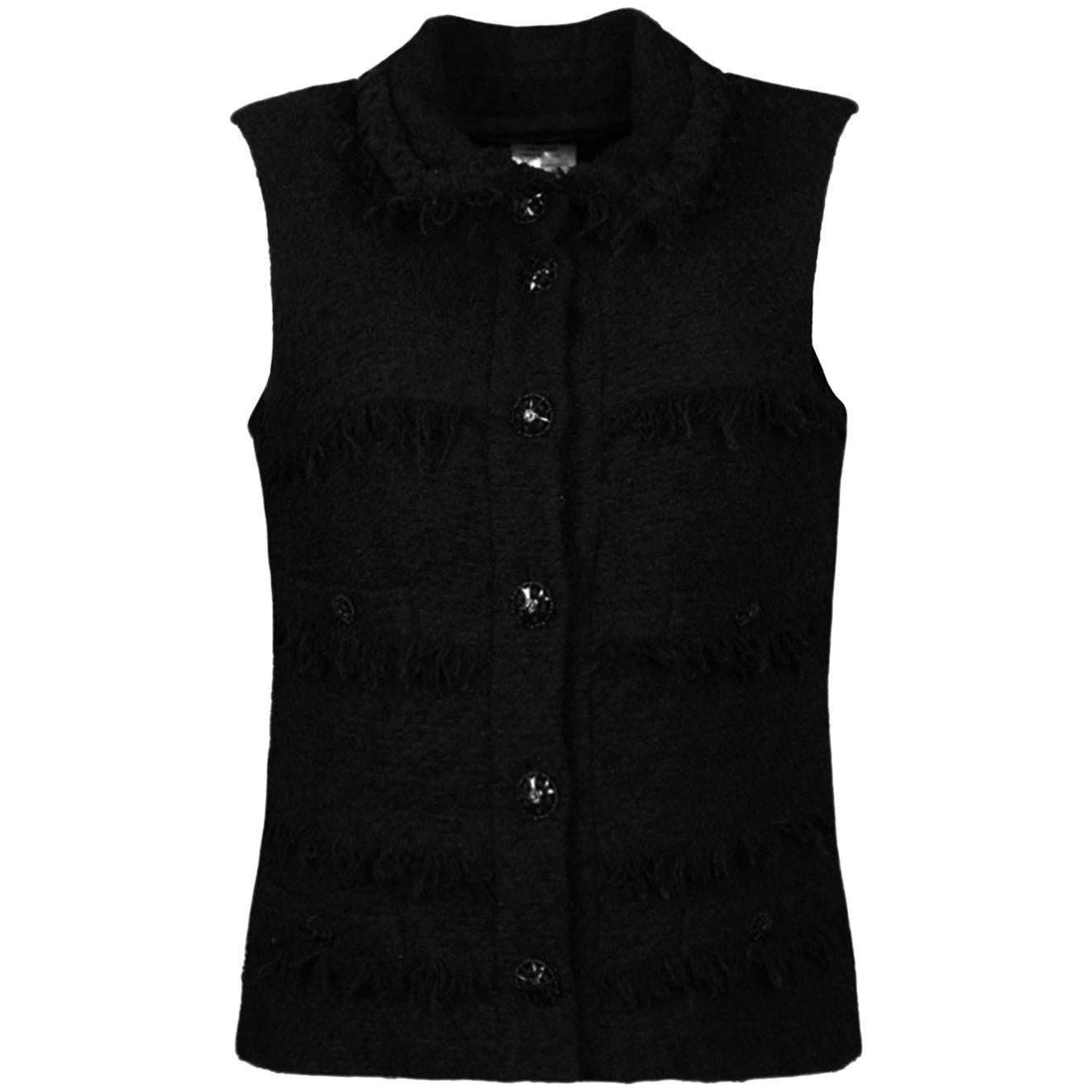 Chanel Black Wool Boucle Vest w/ Fringe sz 38