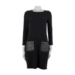 CHANEL black wool & cashmere LEATHER POCKET Long Sleeve Dress 36