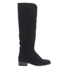 CHANEL black wool CC stitch round toe stacked heel knee high flat boots EU38