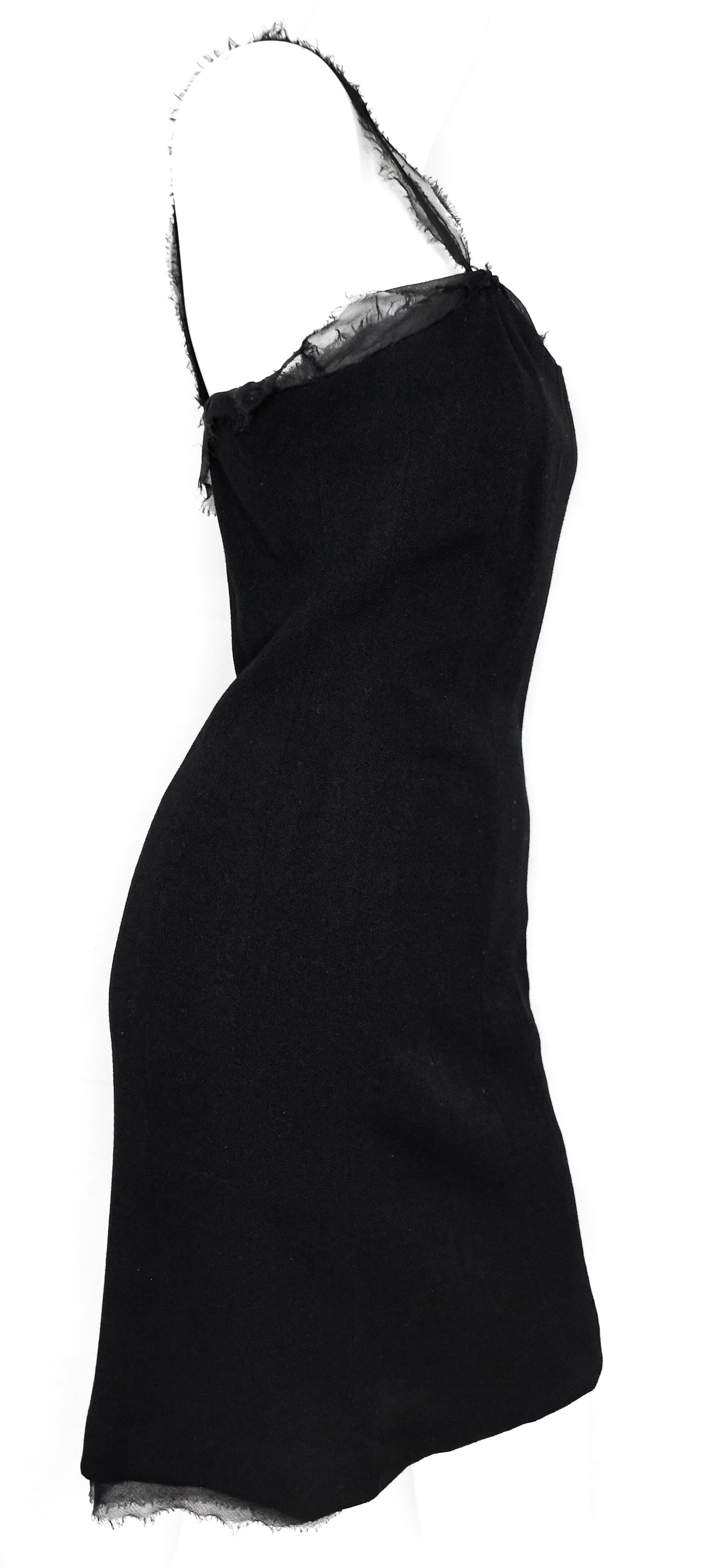 A Chanel Black Sheath is a must for any woman's wardrobe.  Features include sophisticated sheath silhouette, sleeveless design, luxurious black wool crepe fabric and frayed sheer trim on straps and at hem.  Finished with rear hidden zipper with hook