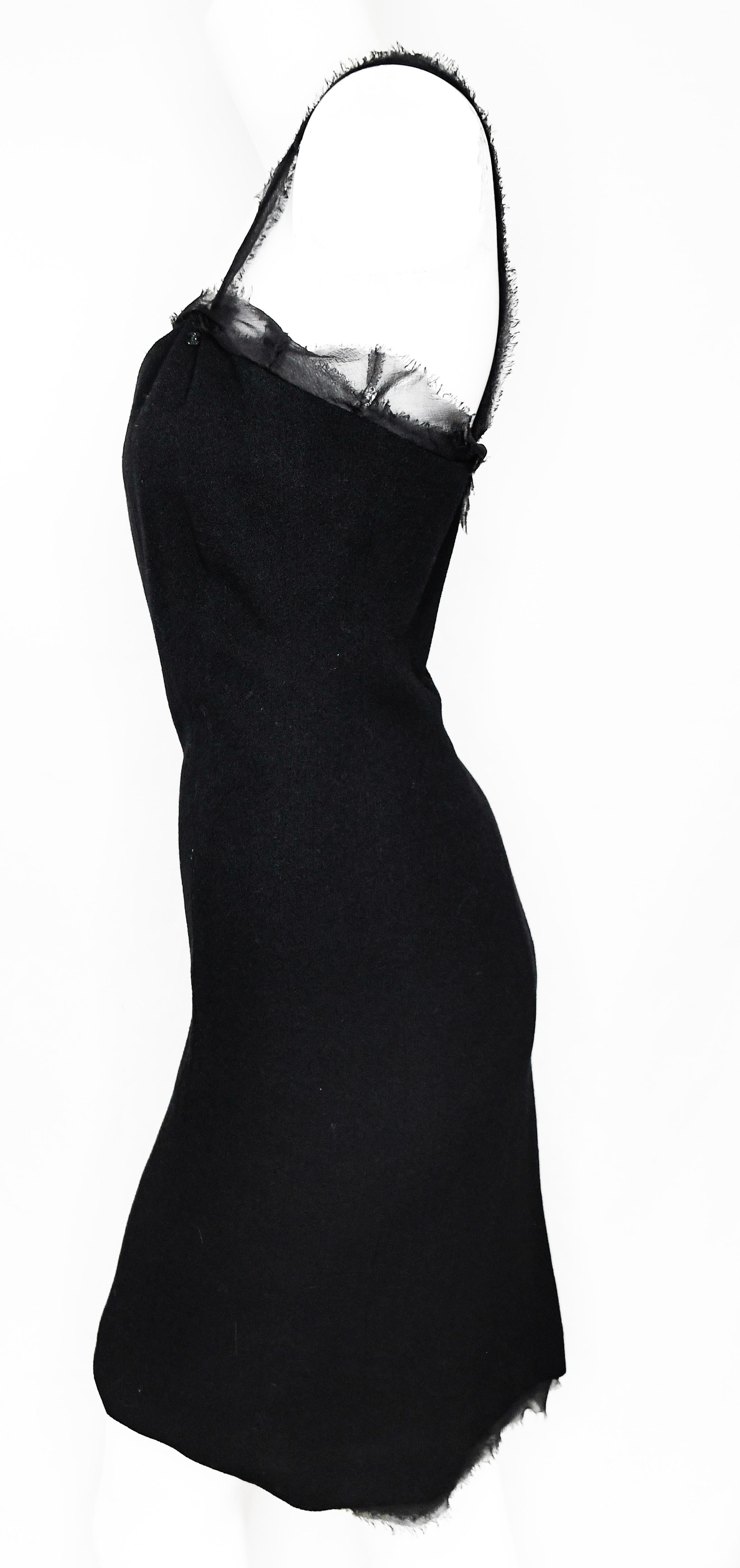 Chanel Black Wool Crepe Sleeveless Sheath Dress With Frayed Sheer Trim 38 EU In Excellent Condition For Sale In Palm Beach, FL