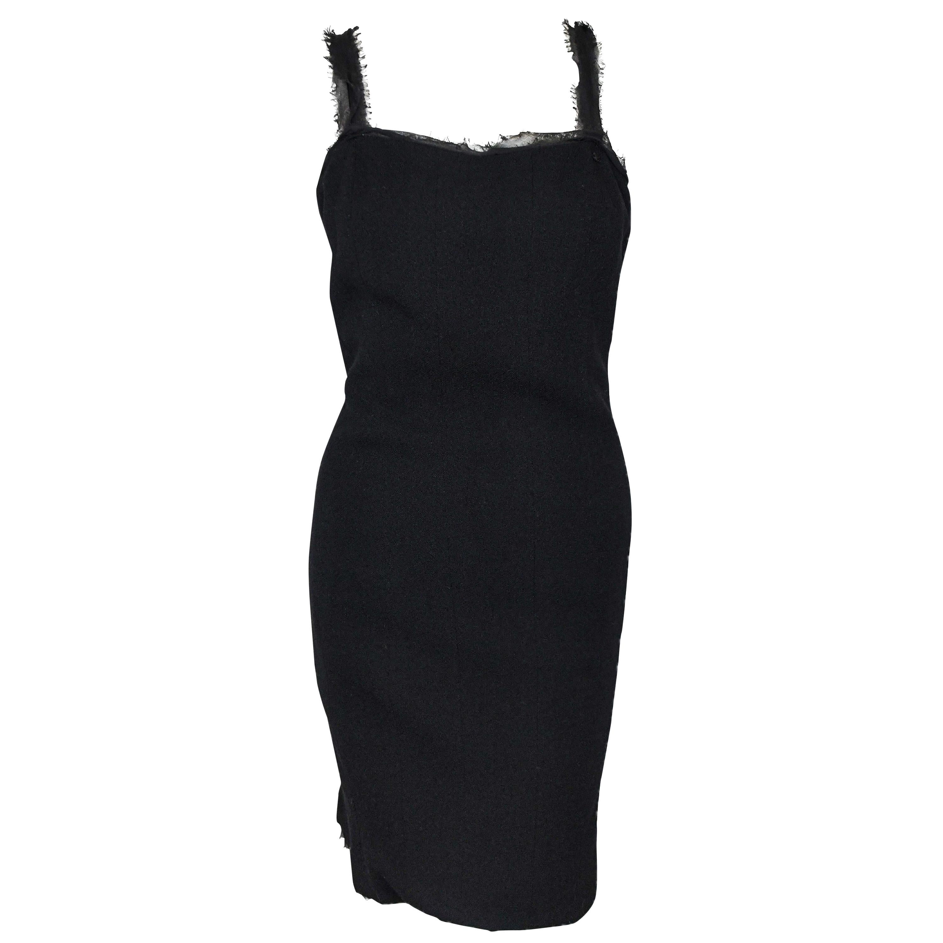 Chanel Black Wool Crepe Sleeveless Sheath Dress With Frayed Sheer Trim 38 EU For Sale