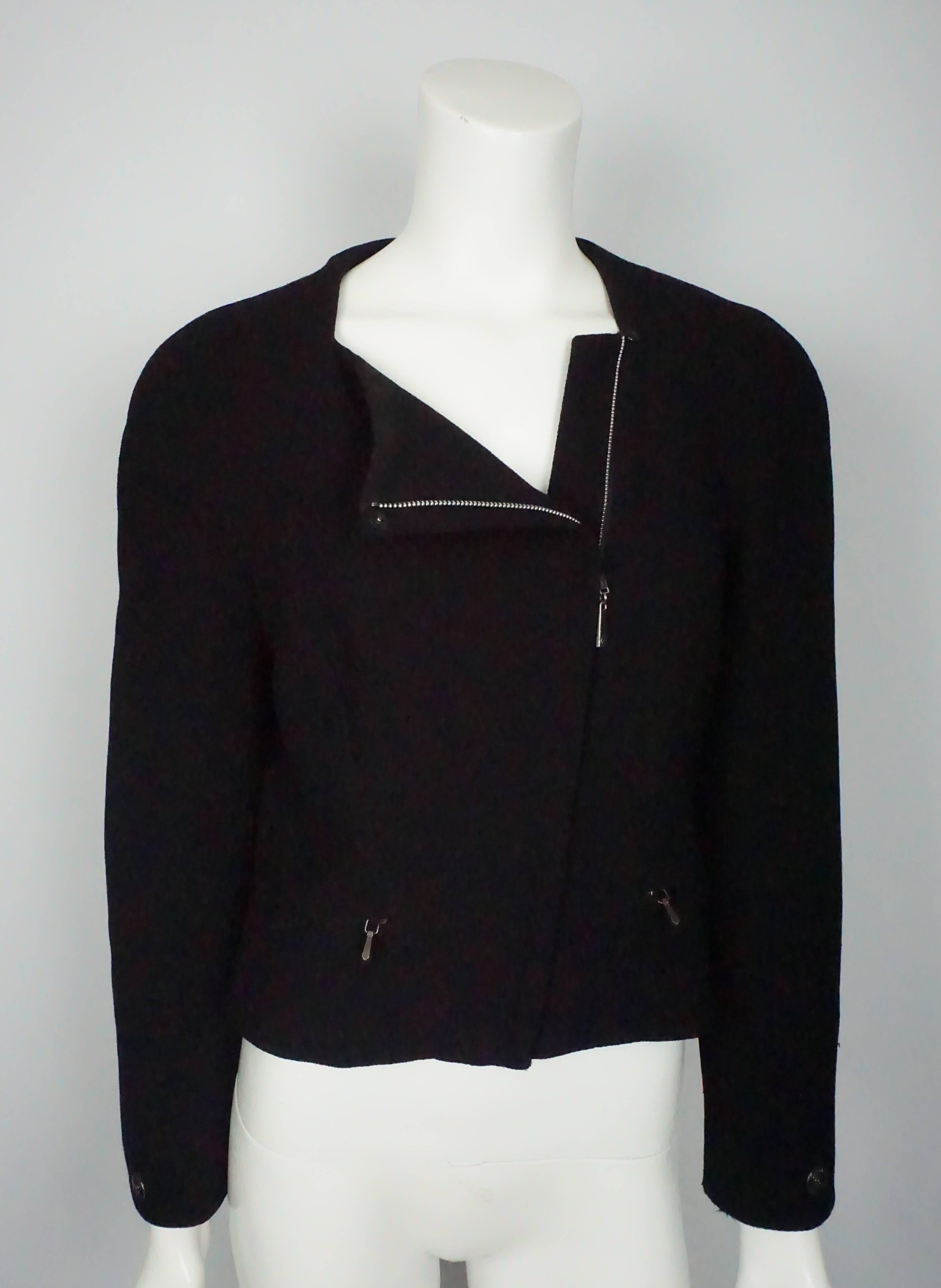 Chanel Black Wool Cropped Jacket with Asymmetrical Zipper Size 40 Circa 1997 For Sale 1