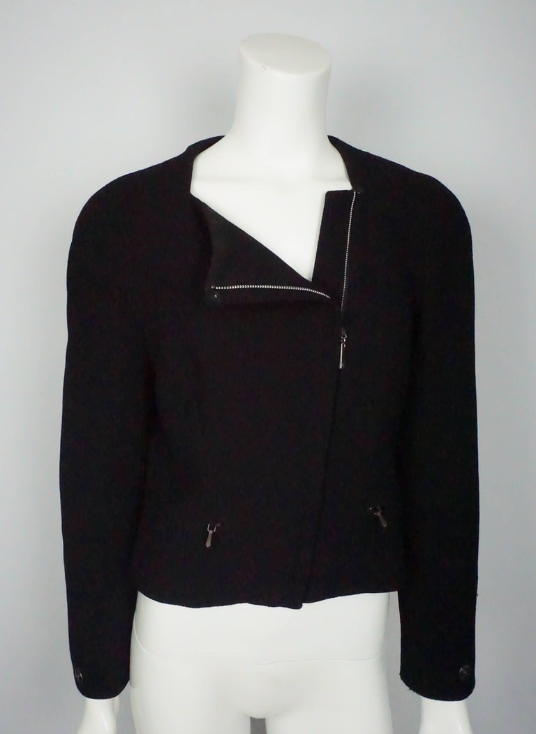 Chanel Black Wool Cropped Jacket with Asymmetrical Zipper Size 40 Circa 1997