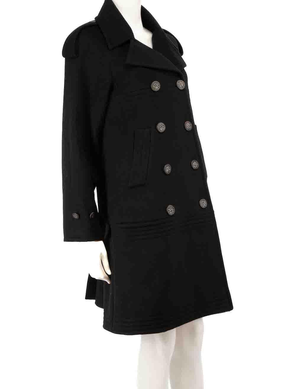 CONDITION is Very good. Hardly any visible wear to coat is evident on this used Chanel designer resale item.
 
 
 
 Details
 
 
 Black
 
 Wool
 
 Coat
 
 Double breasted
 
 Button up fastening
 
 Buttoned shoulder and cuff tabs
 
 2x Side pockets
 

