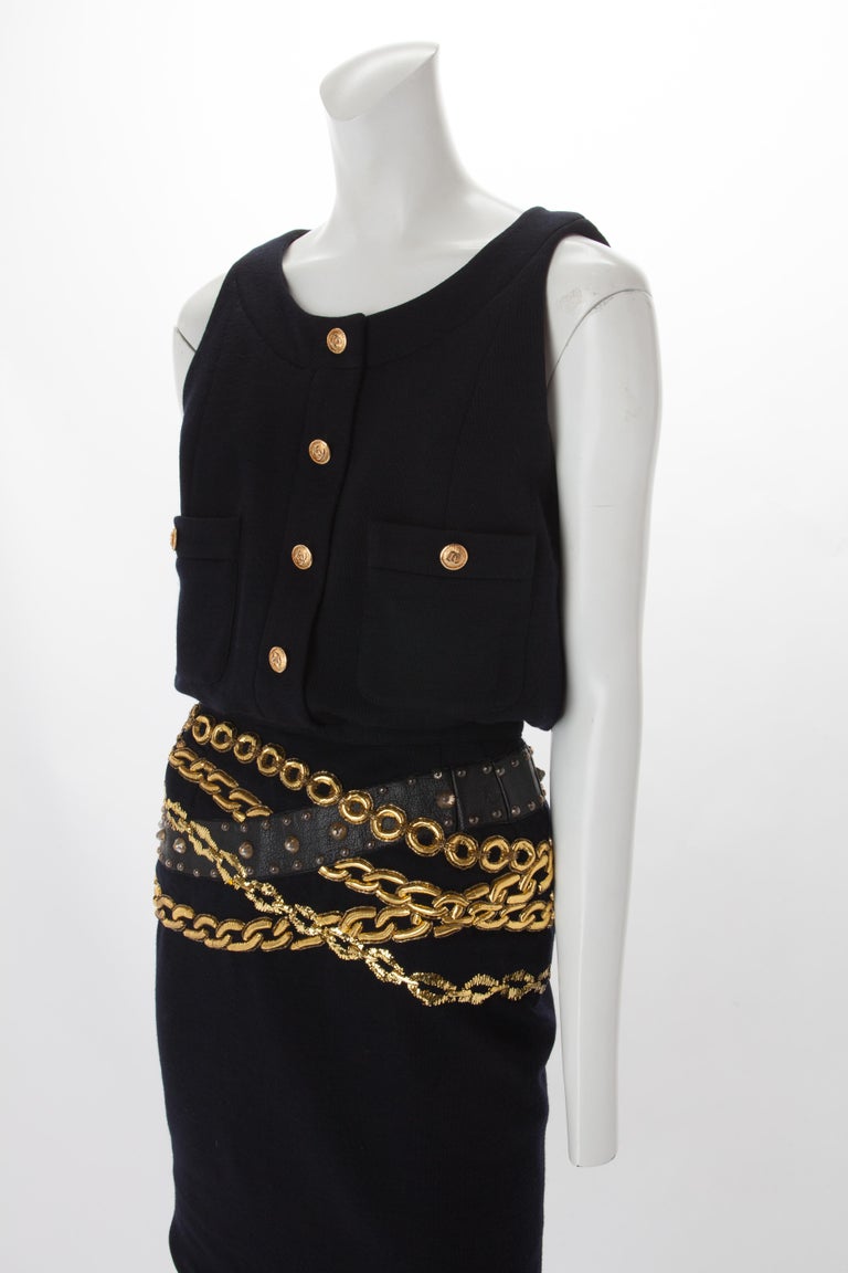 Chanel Black Wool Dress with Gold Chain Trompe L'oeil, 1985. at 1stDibs