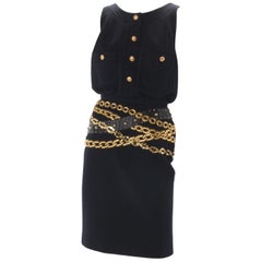 Chanel Black Wool Dress with Gold Chain Trompe L'oeil, 1985.