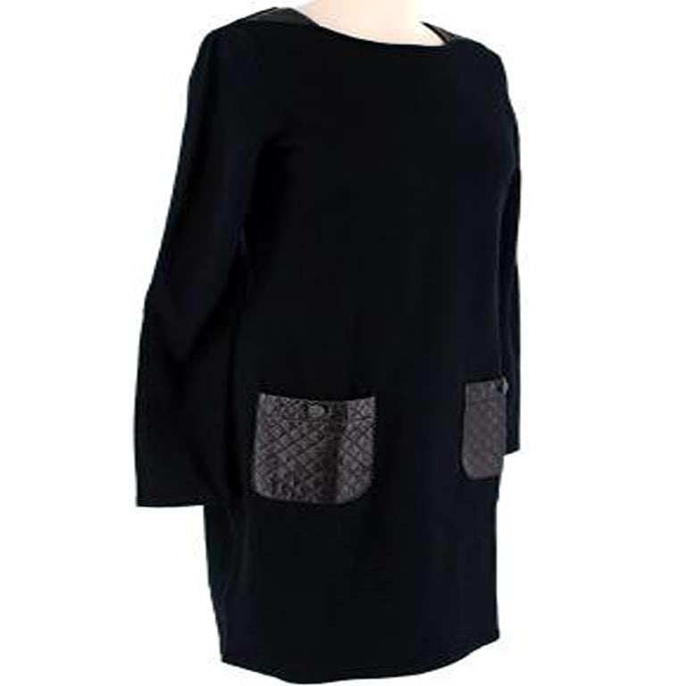Chanel Black Wool Dress with Leather Pockets For Sale at 1stDibs