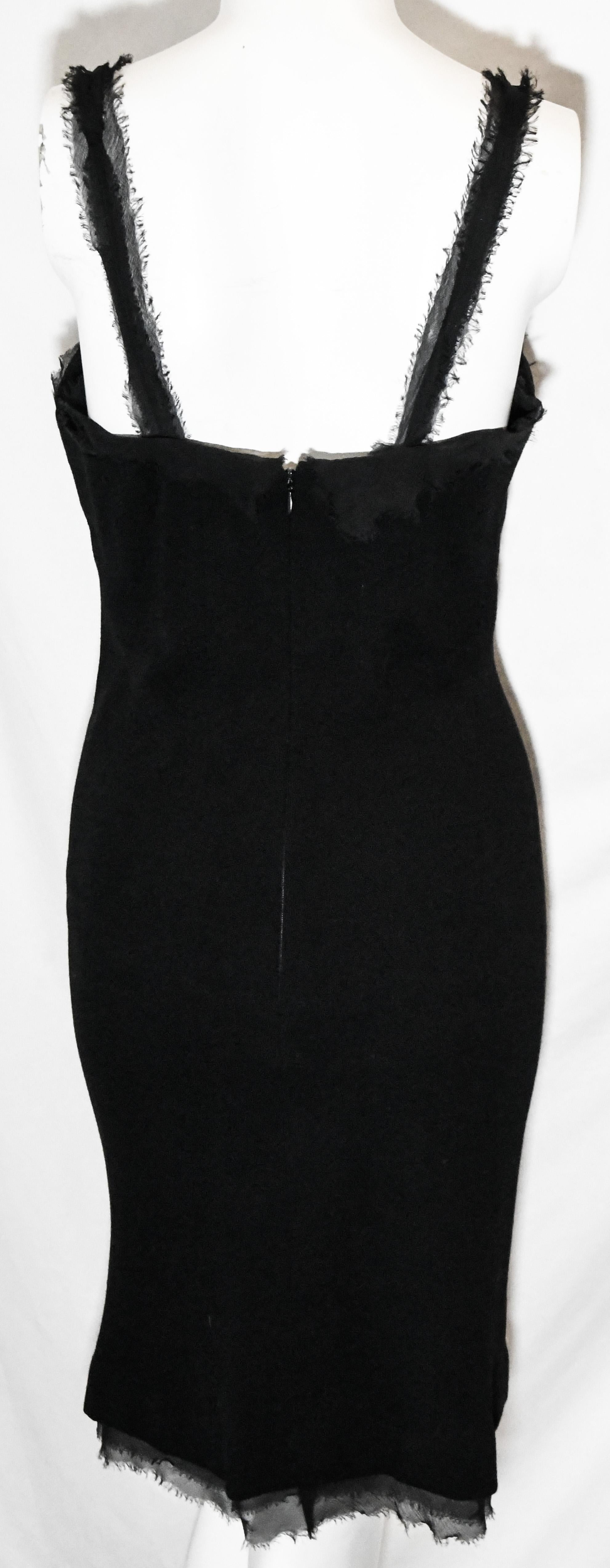 Chanel Black Wool Dress with Silk Frayed Straps & Bustline  In Excellent Condition For Sale In Palm Beach, FL