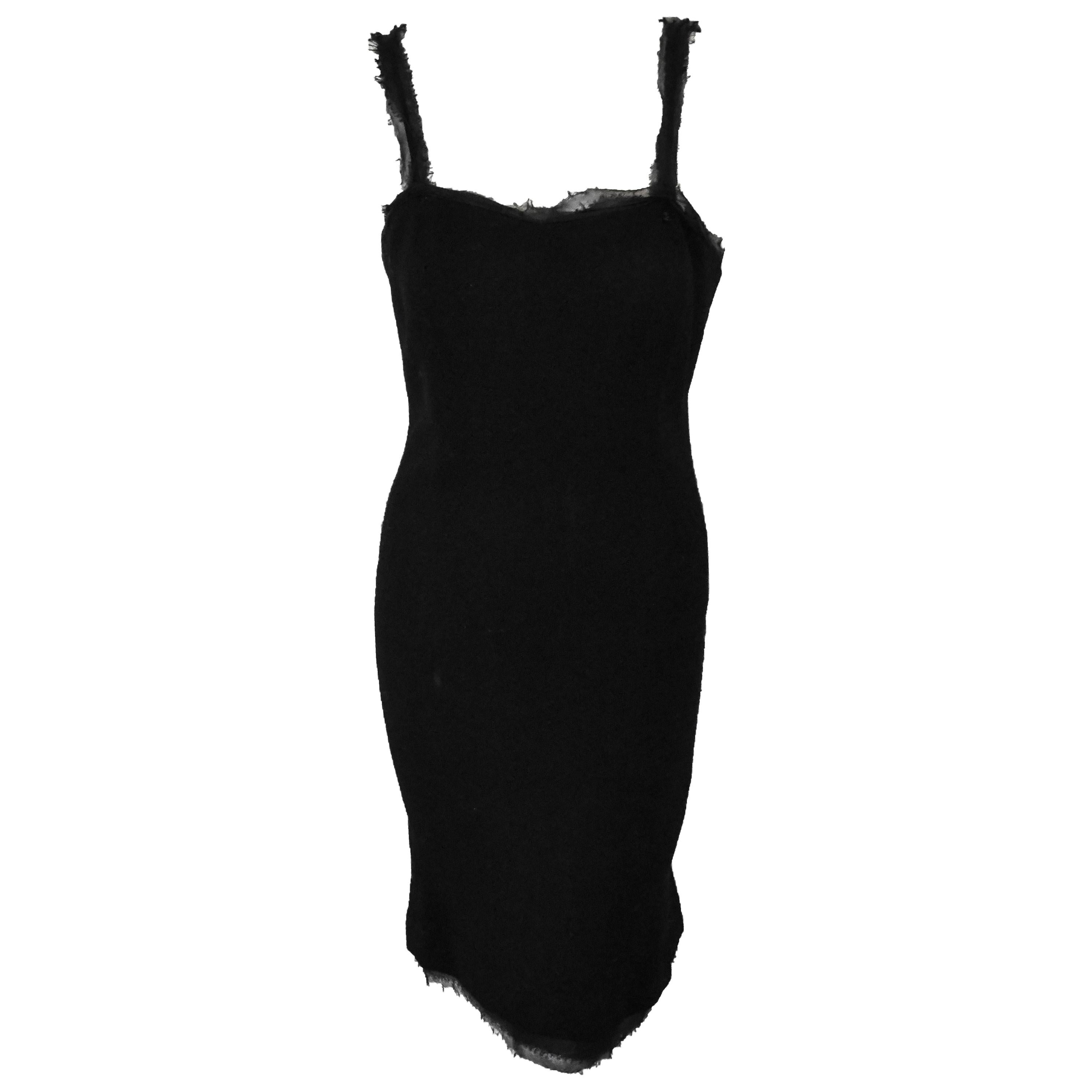 Chanel Black Wool Dress with Silk Frayed Straps & Bustline  For Sale
