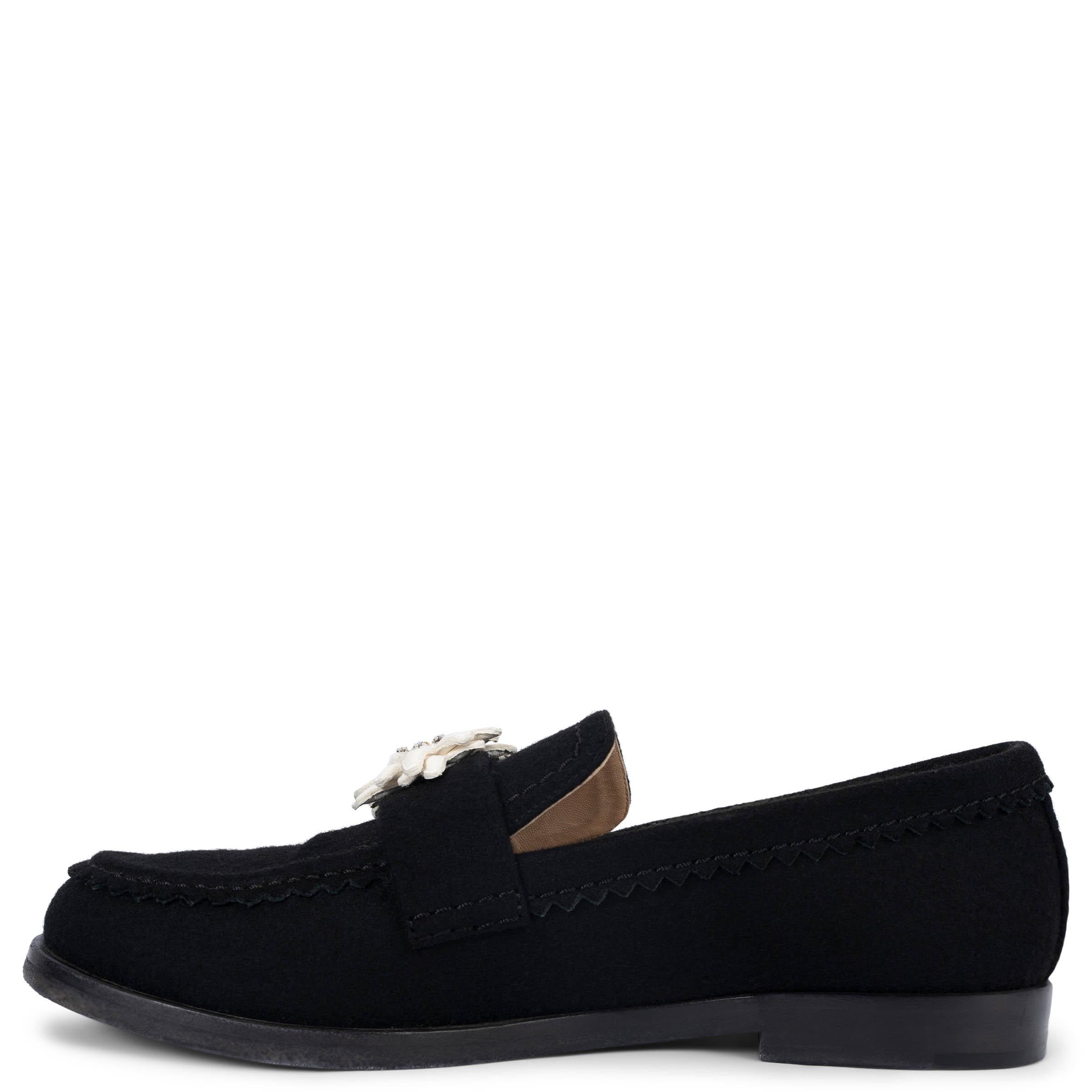 Black CHANEL black wool felt 2015 15A SALZBURG EDELWEISS Loafers Shoes 40 fit 39.5