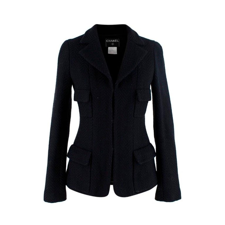 Chanel Black Wool Fitted Herringbone Tailored Jacket - US 00 at 1stDibs