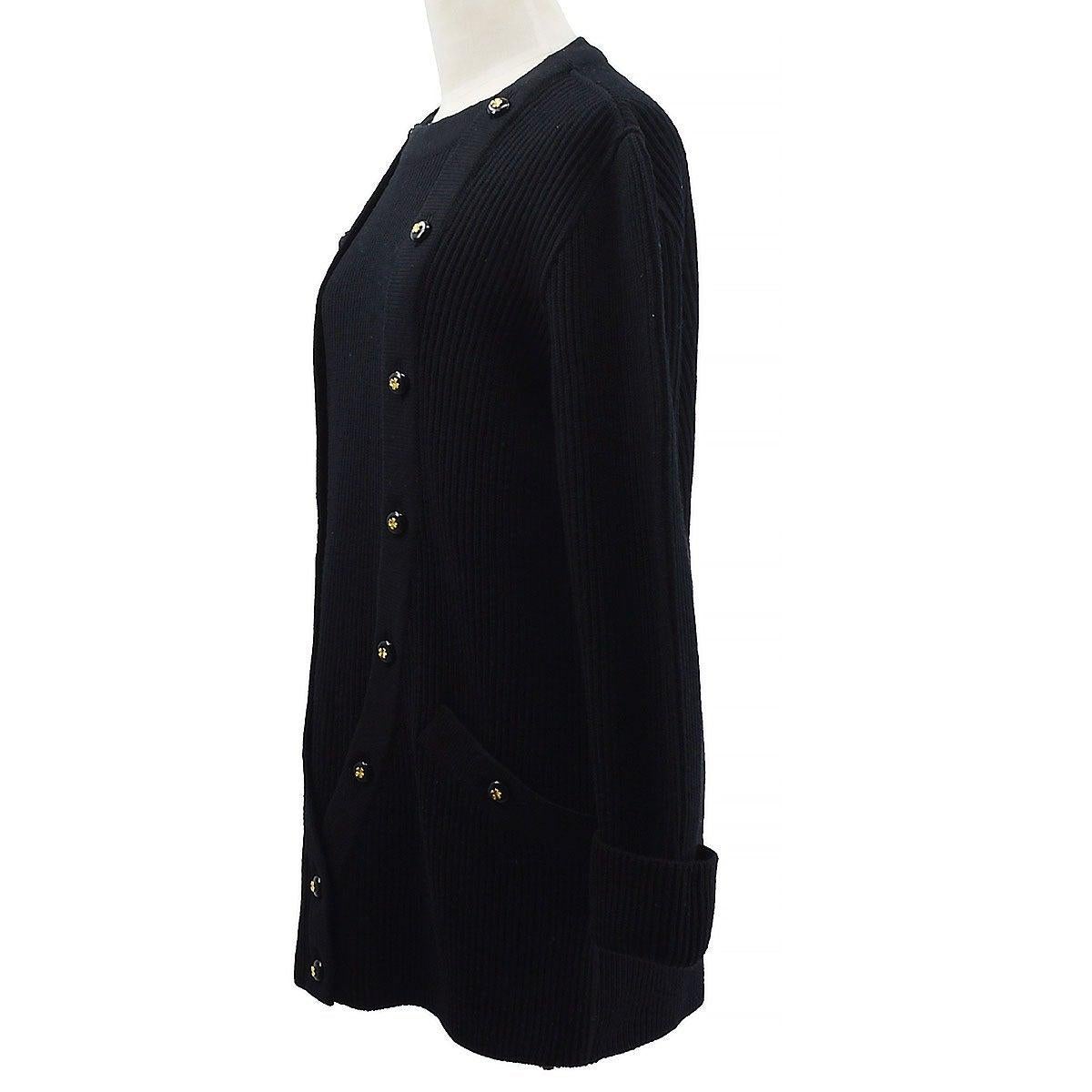 De las mujeres CHANEL Suéter largo de lana negro con detalle de trébol dorado 2 en 1 - Talla FR 40 en venta