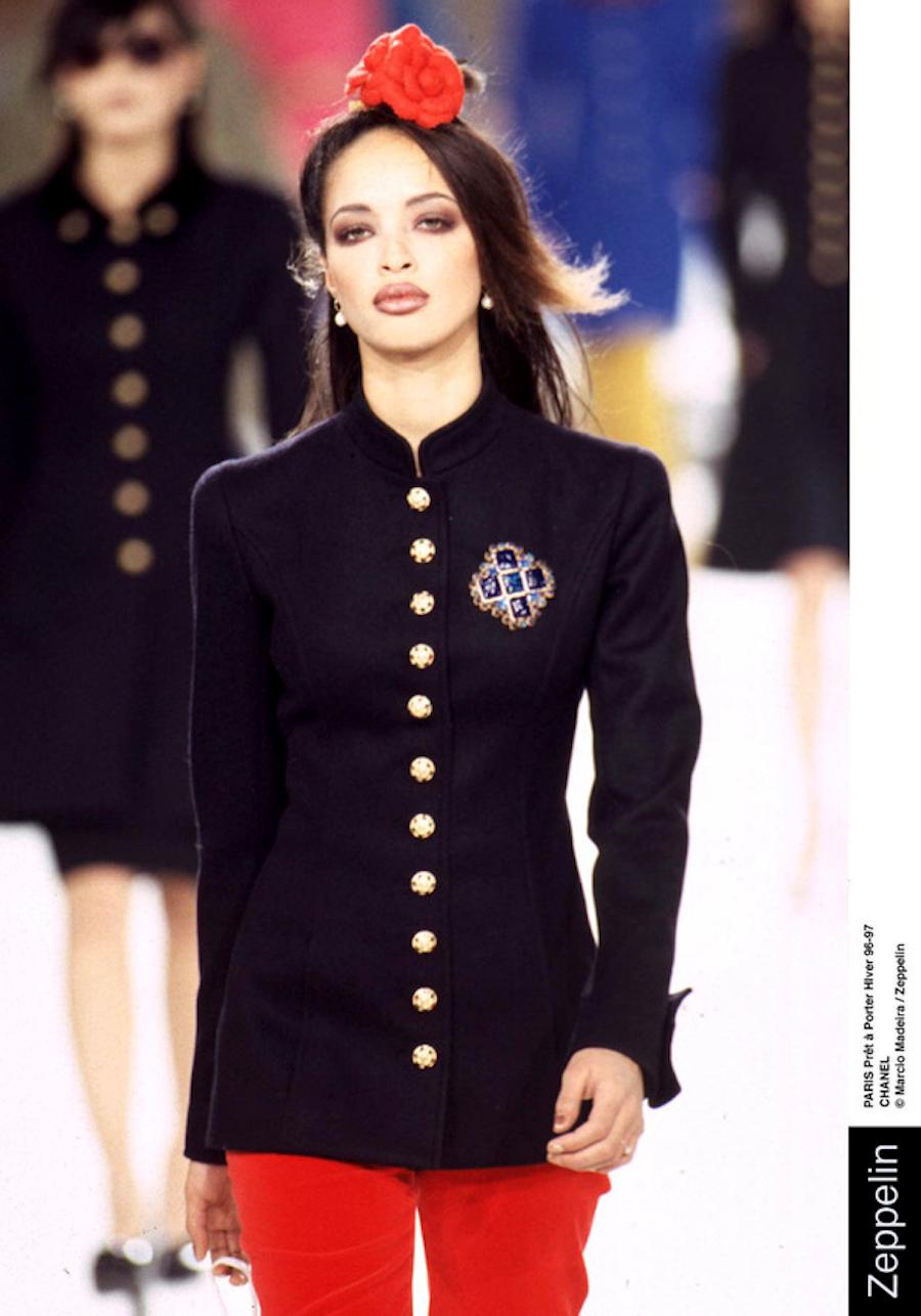 Chanel black wool gold jewelled gripoix buttons long jacket 1