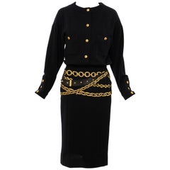Chanel Black Wool Gold Metallic Trompe l'oeil Chain Belts Dress, Circa: 1990's