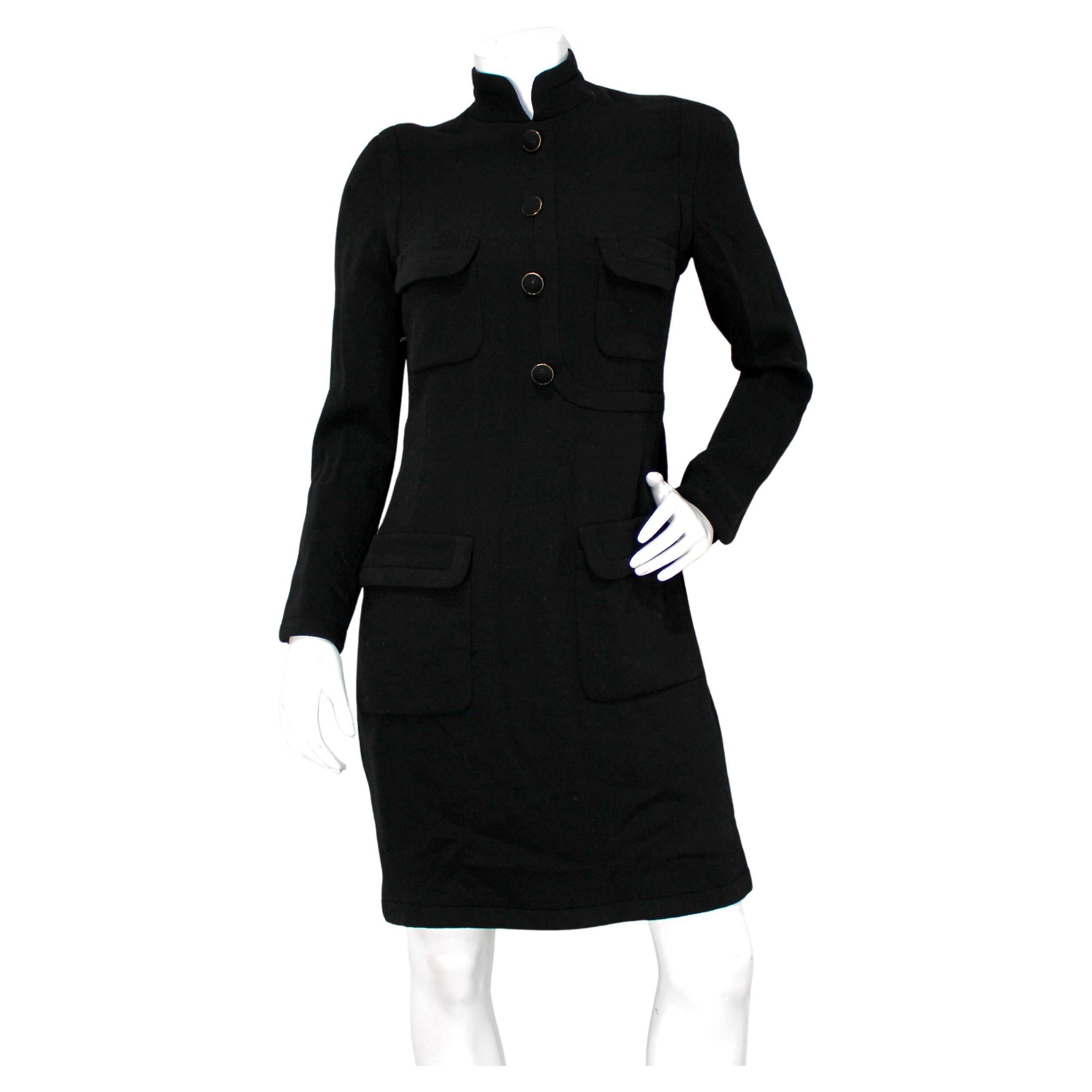 Chanel Black Wool High-Collar Button Dress circa 1990s