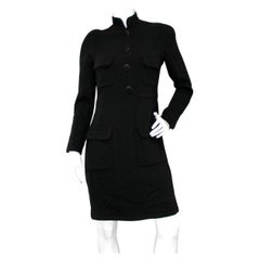 Chanel Black Wool High-Collar Button Dress circa 1990s