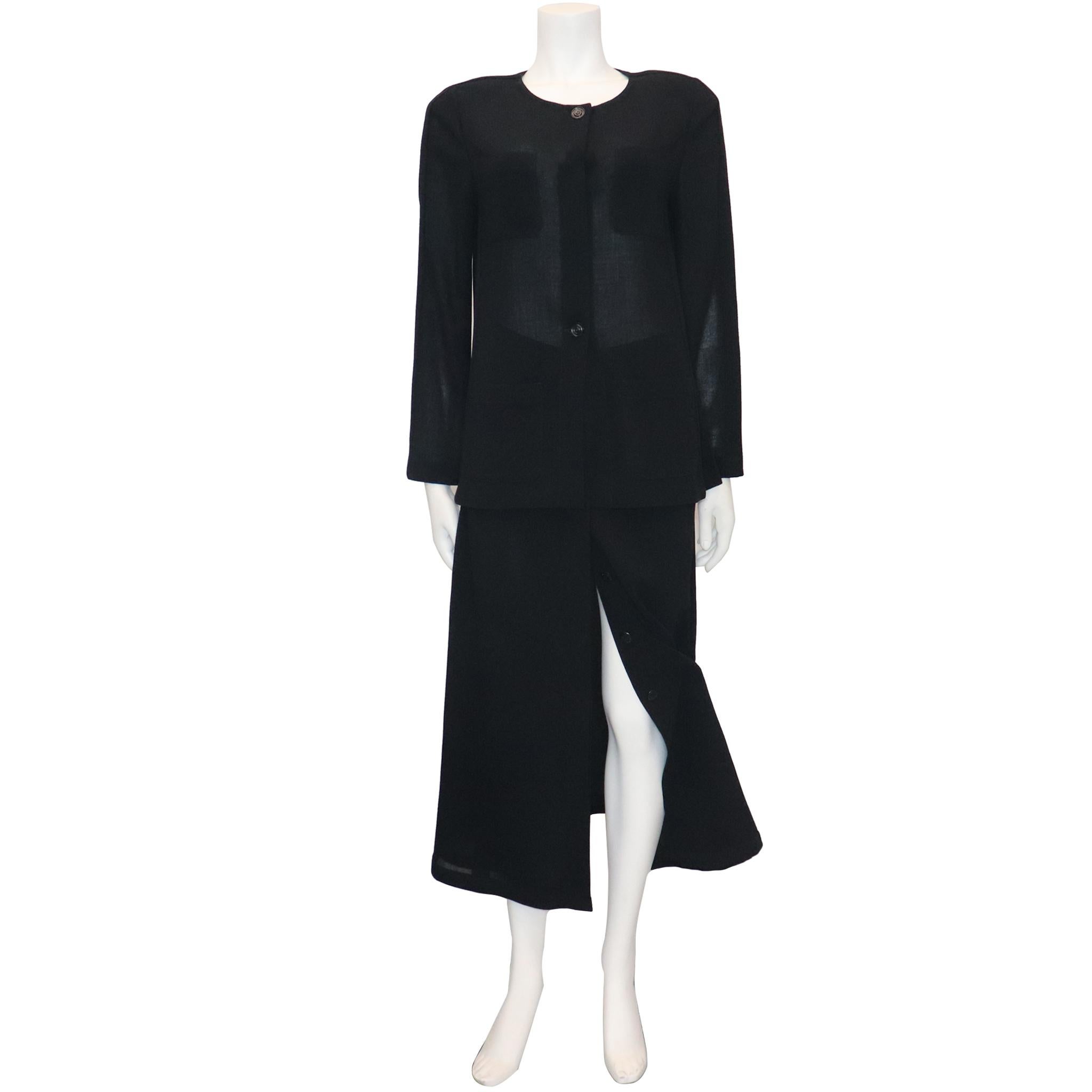 Chanel Black Wool Jacket w/ 4 Pockets & Button Down Skirt 2PC Circa 1990s Spring. New with tags. 

Measurements- 

Jacket Size: 40
Skirt Size: 38
Skirt Length: 34 Inches