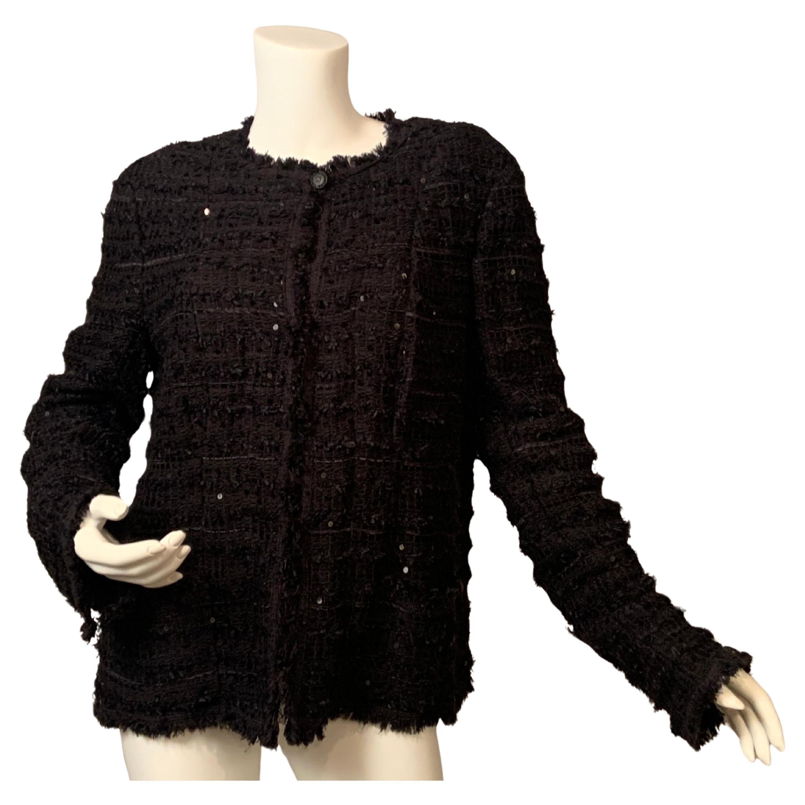 Giacca Chanel in lana nera con paillettes e nastri neri in vendita