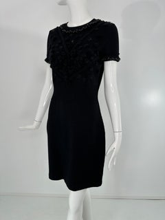 Chanel Black Wool Knit Beaded & Sequin Floral Mini Pom Pom Short Sleeve Dress 40