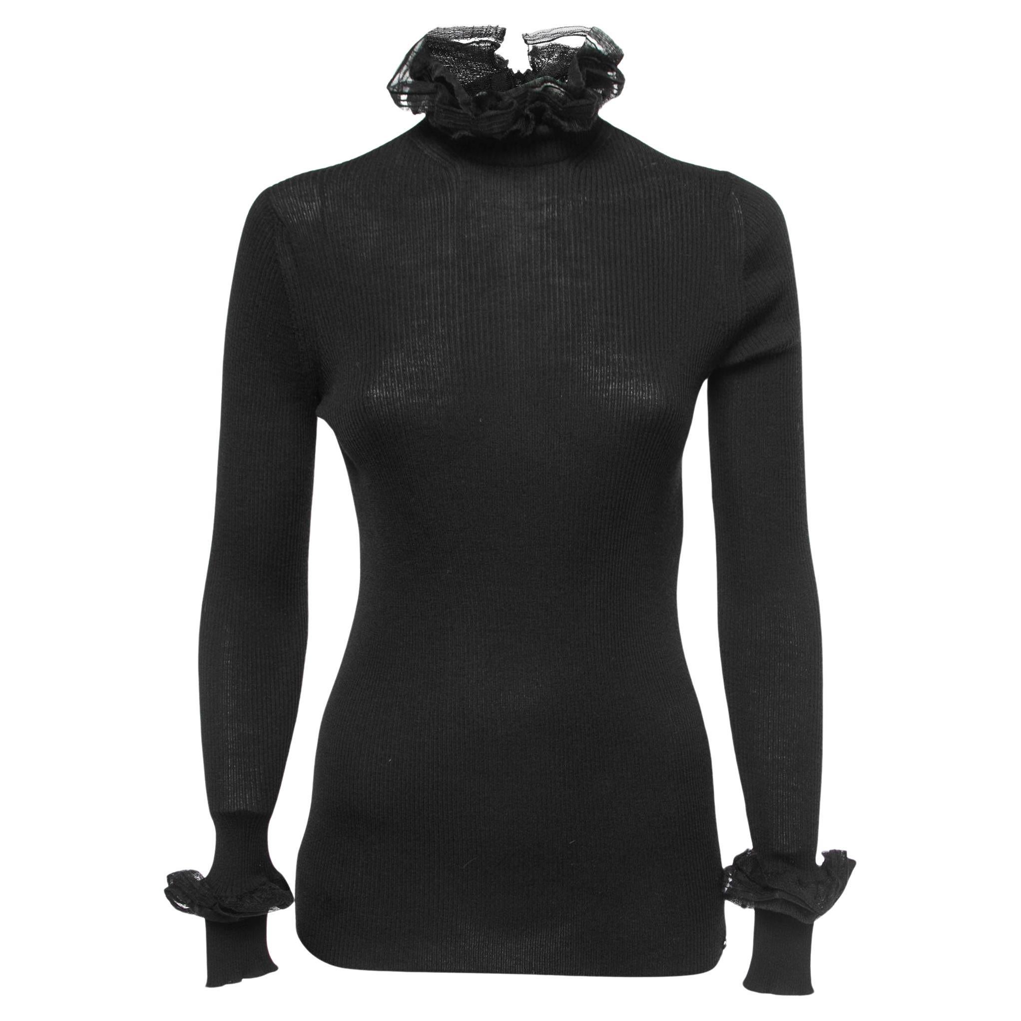 Chanel Black Wool Knit & Mesh Ruffled Turtleneck Sweater 