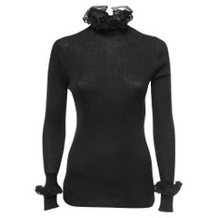Chanel Black Wool Knit & Mesh Ruffled Turtleneck Sweater 