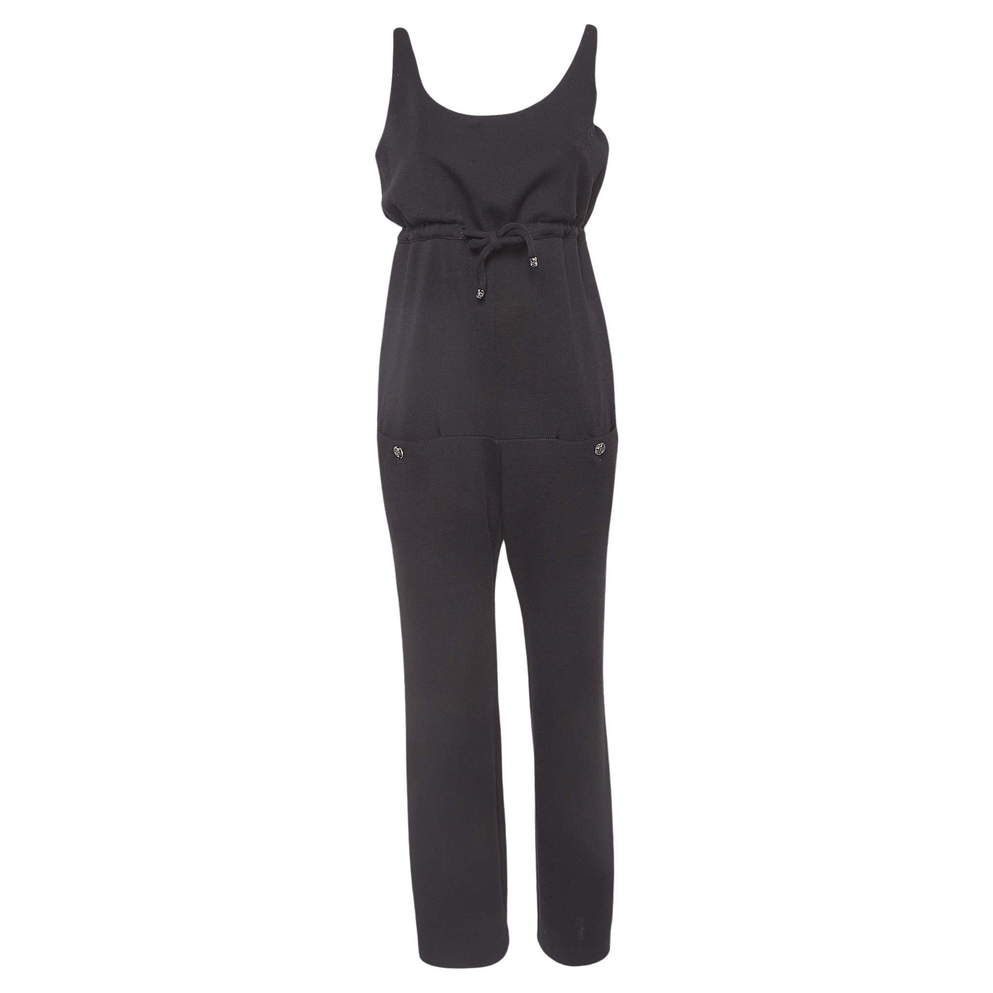 Chanel Black Wool Knit Sleeveless Drawstring Jumpsuit M For Sale