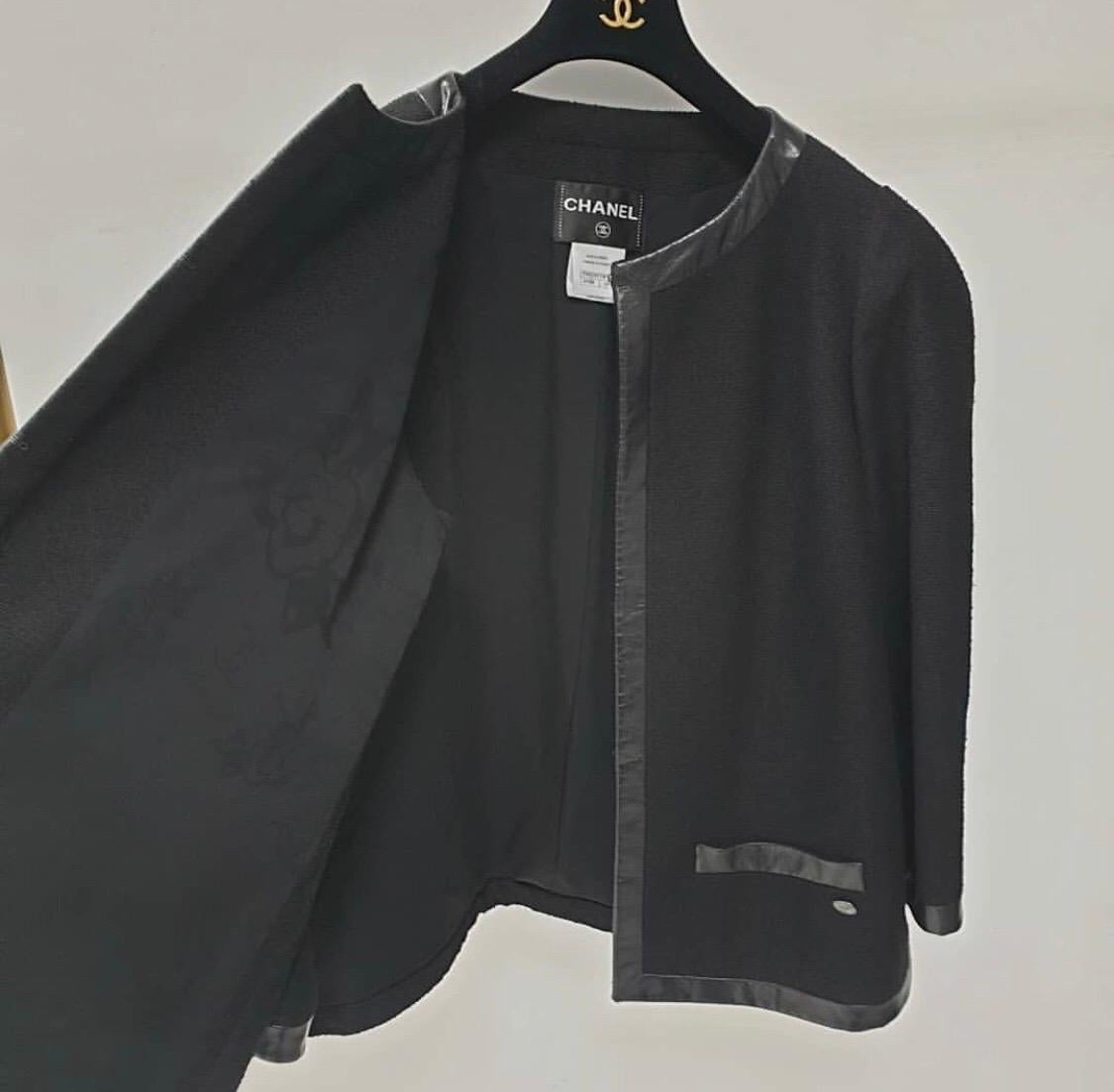 Chanel Black Wool Leather Trimmed Dress Jacket Set Suit For Sale 1