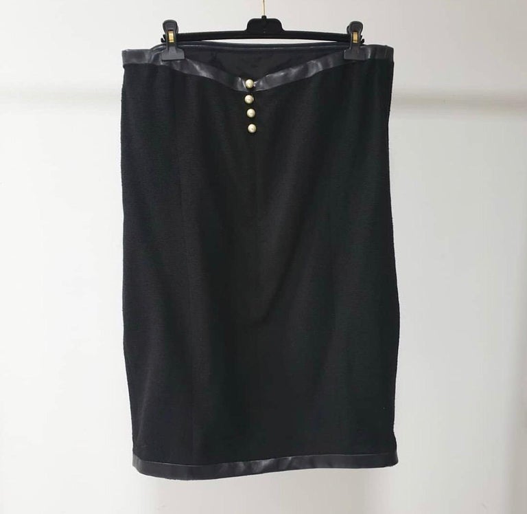 Chanel Black Wool Leather Trimmed Dress Jacket Set Suit For Sale at 1stDibs