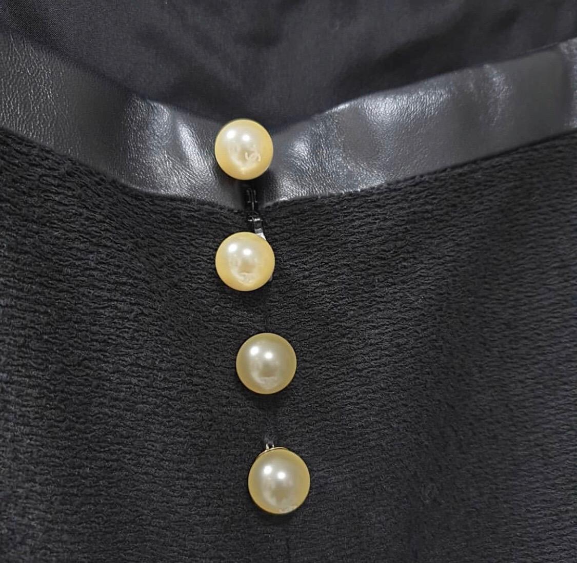 Chanel Black Wool Leather Trimmed Dress Jacket Set Suit For Sale 4