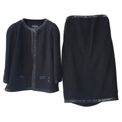 Chanel Black Wool Leather Trimmed Dress Jacket Set Suit