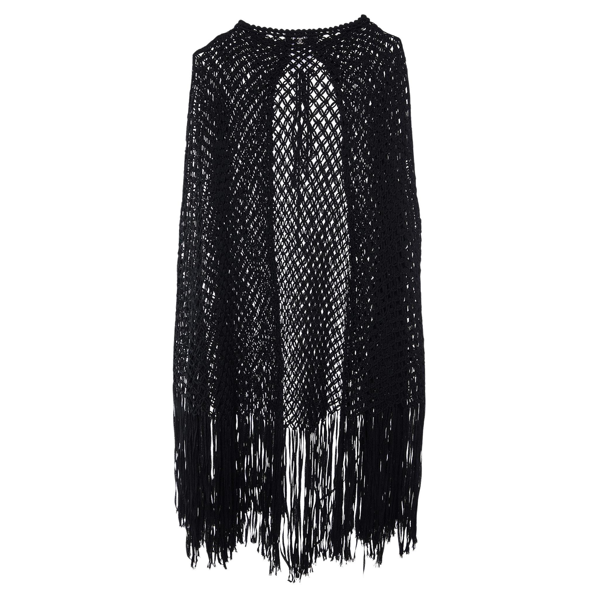 Chanel Black Wool Open Braid Fringed Cape L For Sale