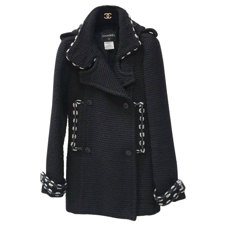 Chanel Black Wool Short Length Coat CC Buttons For Sale at 1stDibs