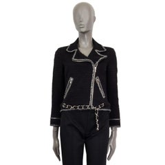 CHANEL black wool & silk BOUCLE BIKER Jacket 34 XXS