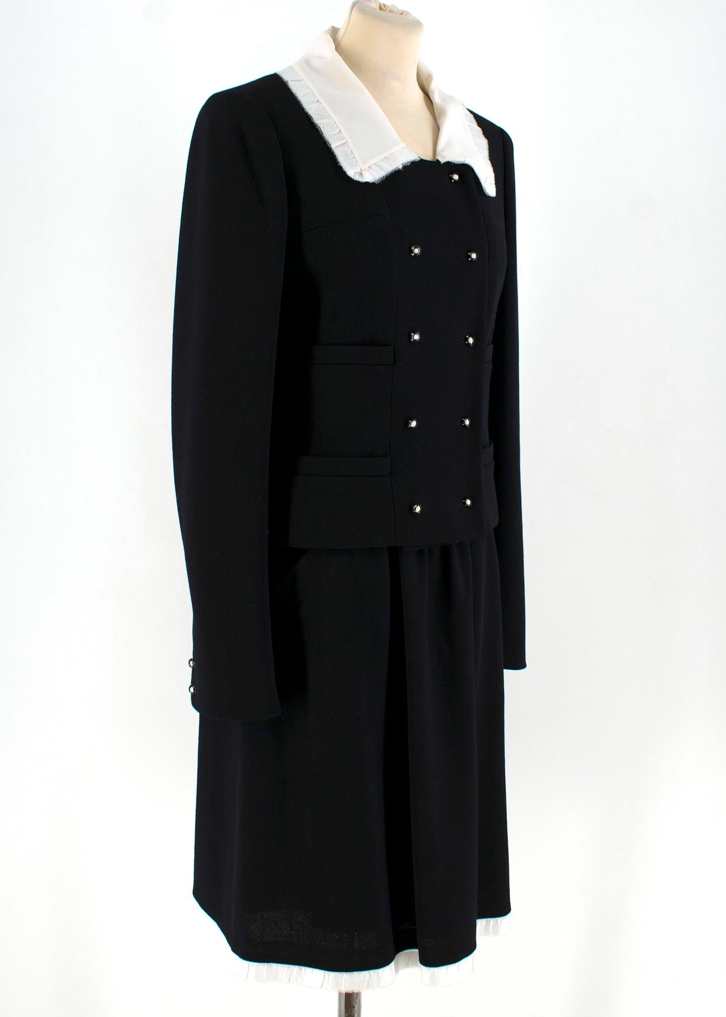 Chanel Black Wool & Silk Skirt and Jacket W/ Detachable Bib & Cuffs FR 38 In Excellent Condition In London, GB