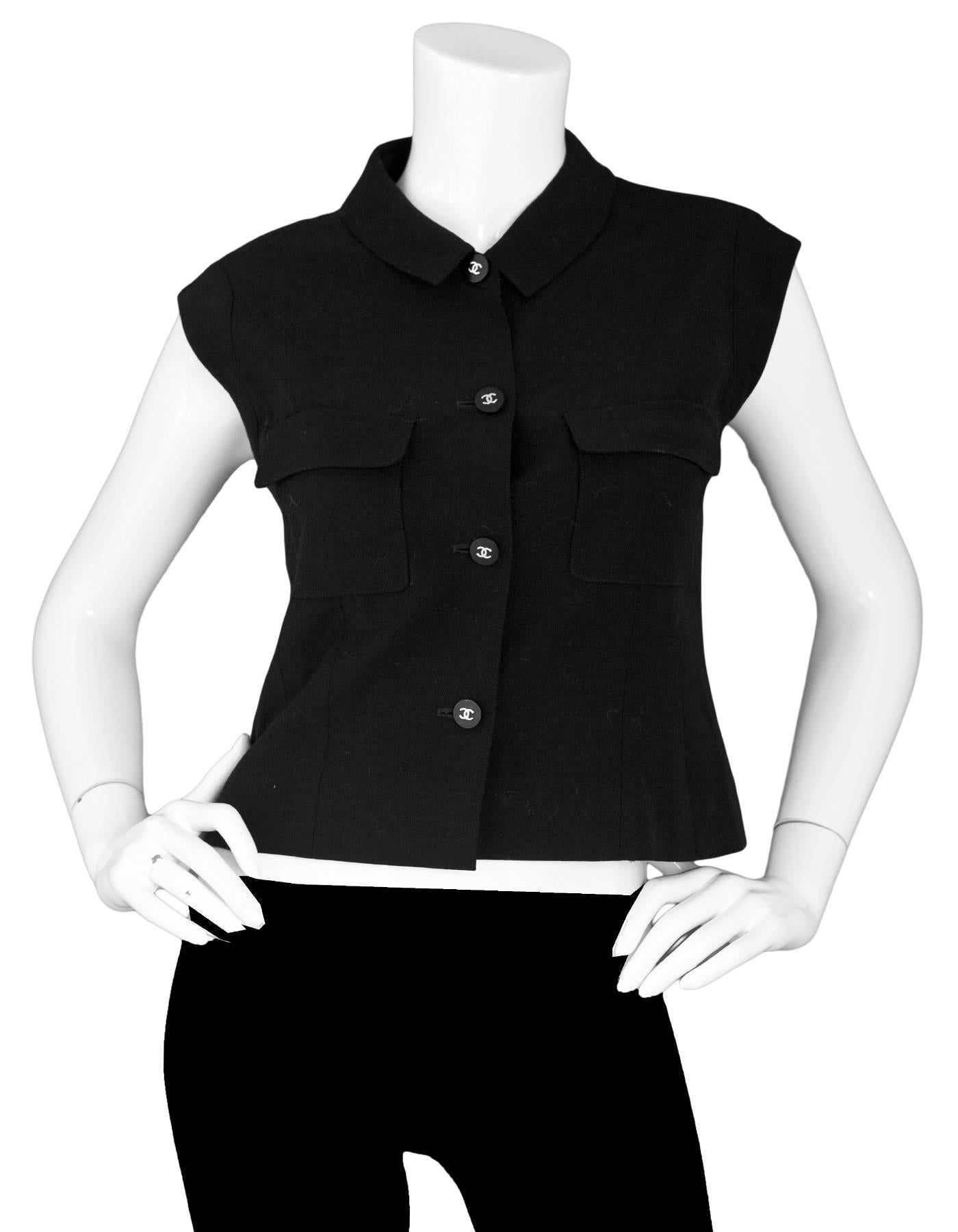 Chanel Black Wool Sleeveless Shell Top Sz FR38

Made In: France
Color: Black
Year Of Production: 1996
Composition: 100% wool
Lining: Black, 100% silk
Closure/Opening: Front button closure
Exterior Pockets: Two flap breast pockets 
Interior Pockets: