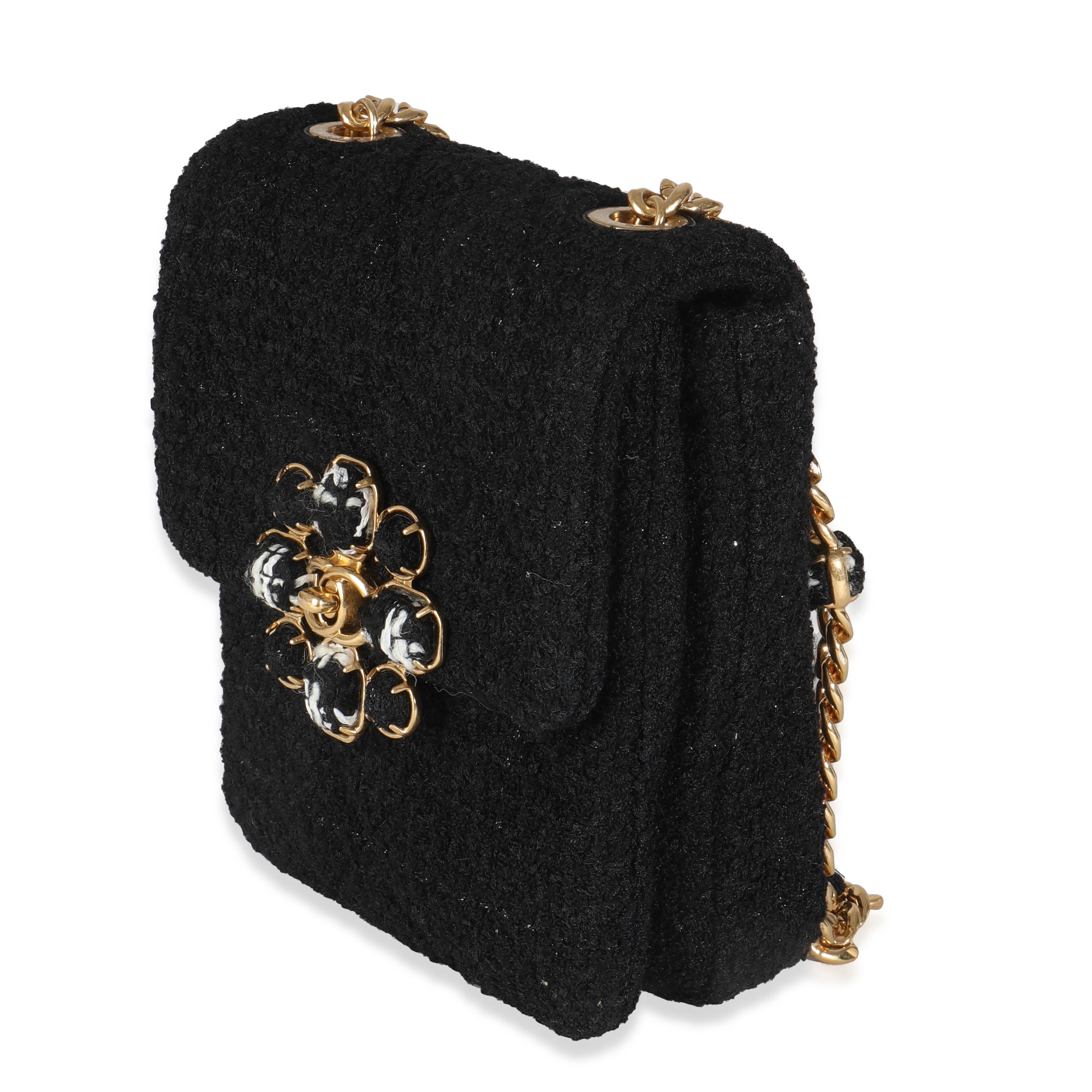 Chanel Black Wool Tweed Camellia Flower Mini Flap Bag In Excellent Condition For Sale In New York, NY