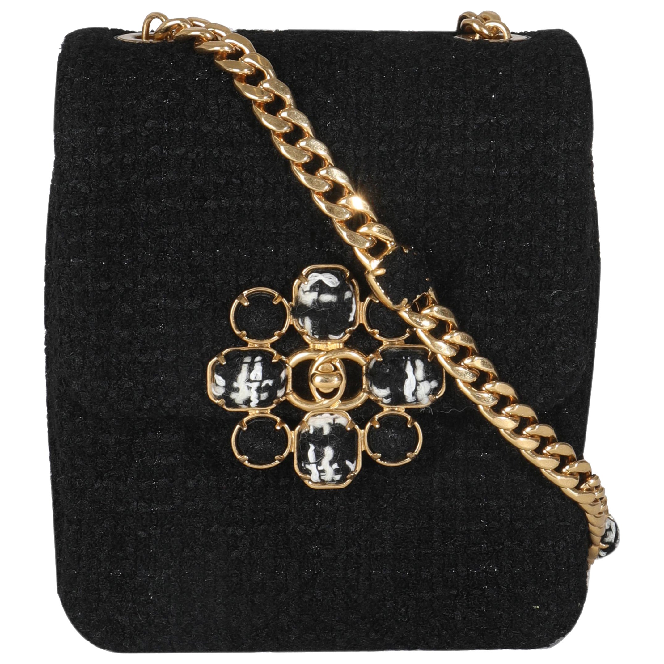 Chanel Mini Bolso Solapa Flor Camelia Tweed Lana Negro
