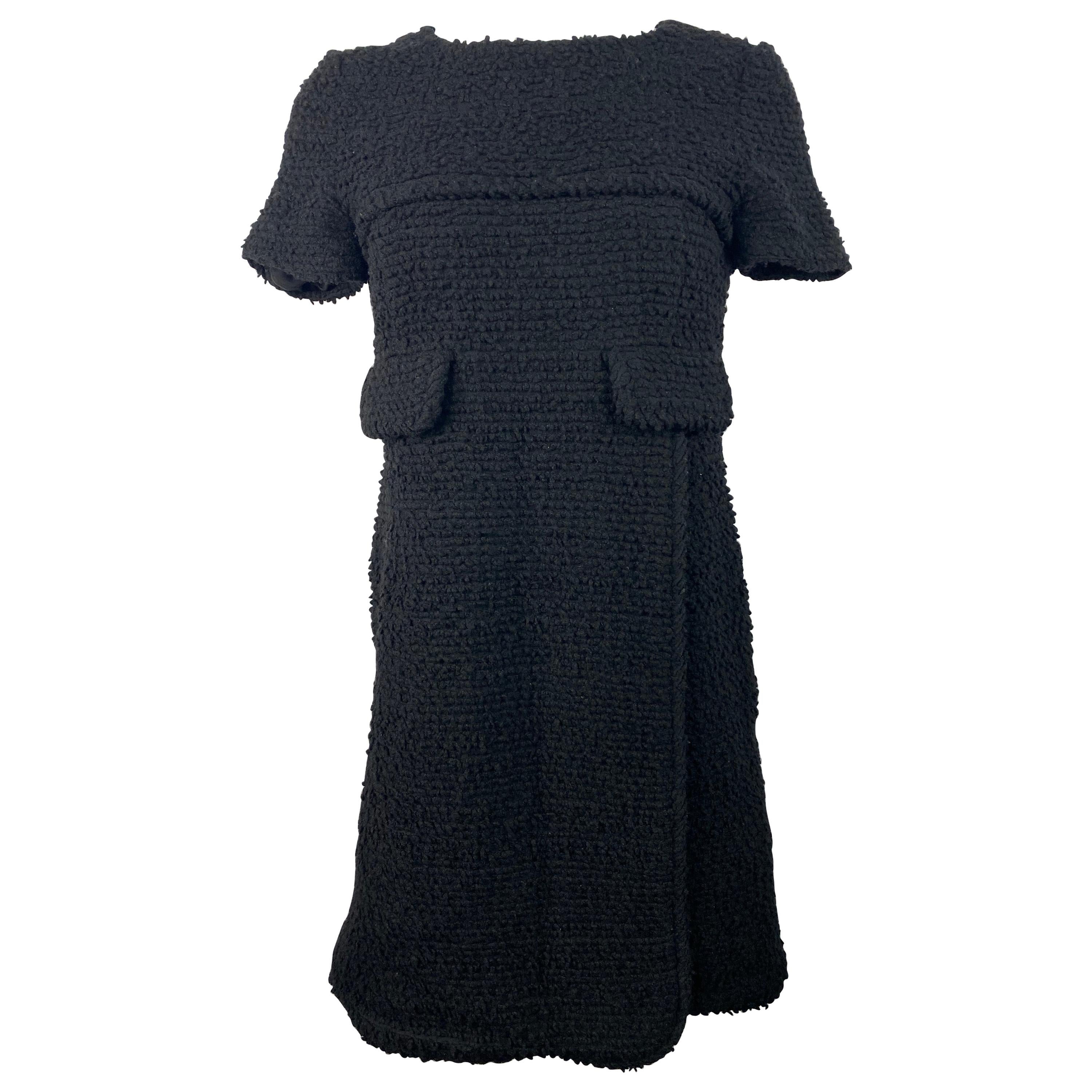 Chanel Black Wool Tweed Short Sleeves Mini Dress Size 38