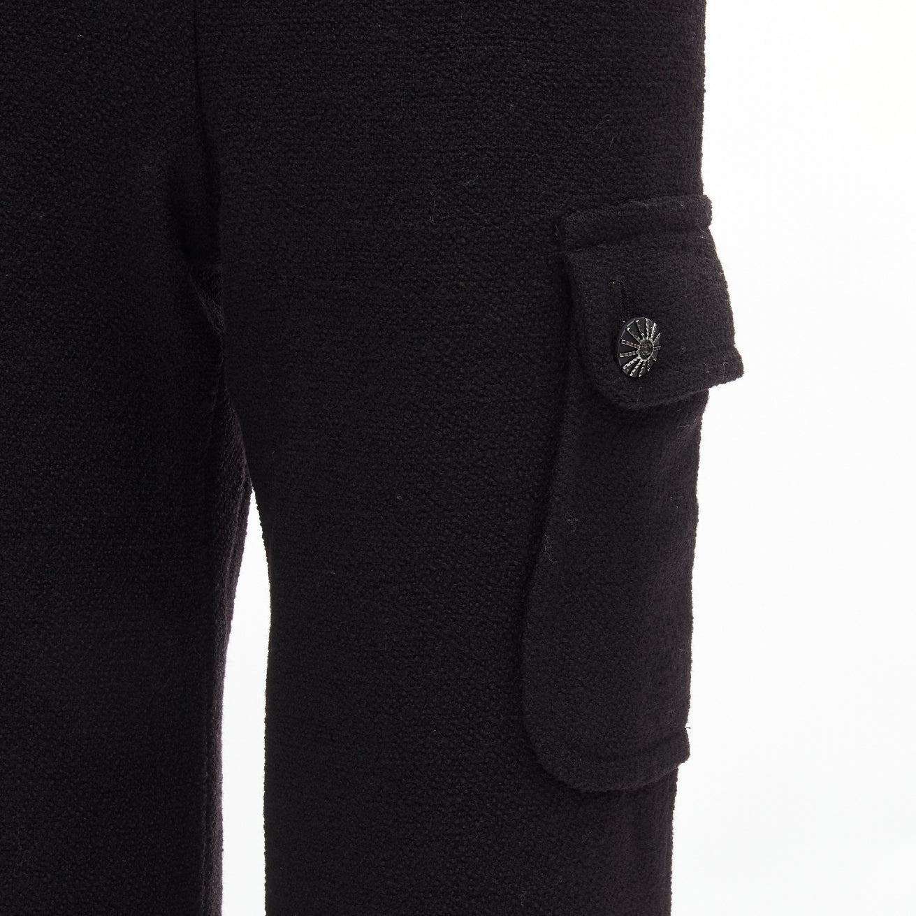 CHANEL black wool tweed silk lined cargo pocket pants FR34 XS
Reference: TGAS/D00793
Brand: Chanel
Designer: Virginie Viard
Material: Wool
Color: Black
Pattern: Solid
Closure: Zip Fly
Lining: Black Silk
Extra Details: Cargo pocket with CC