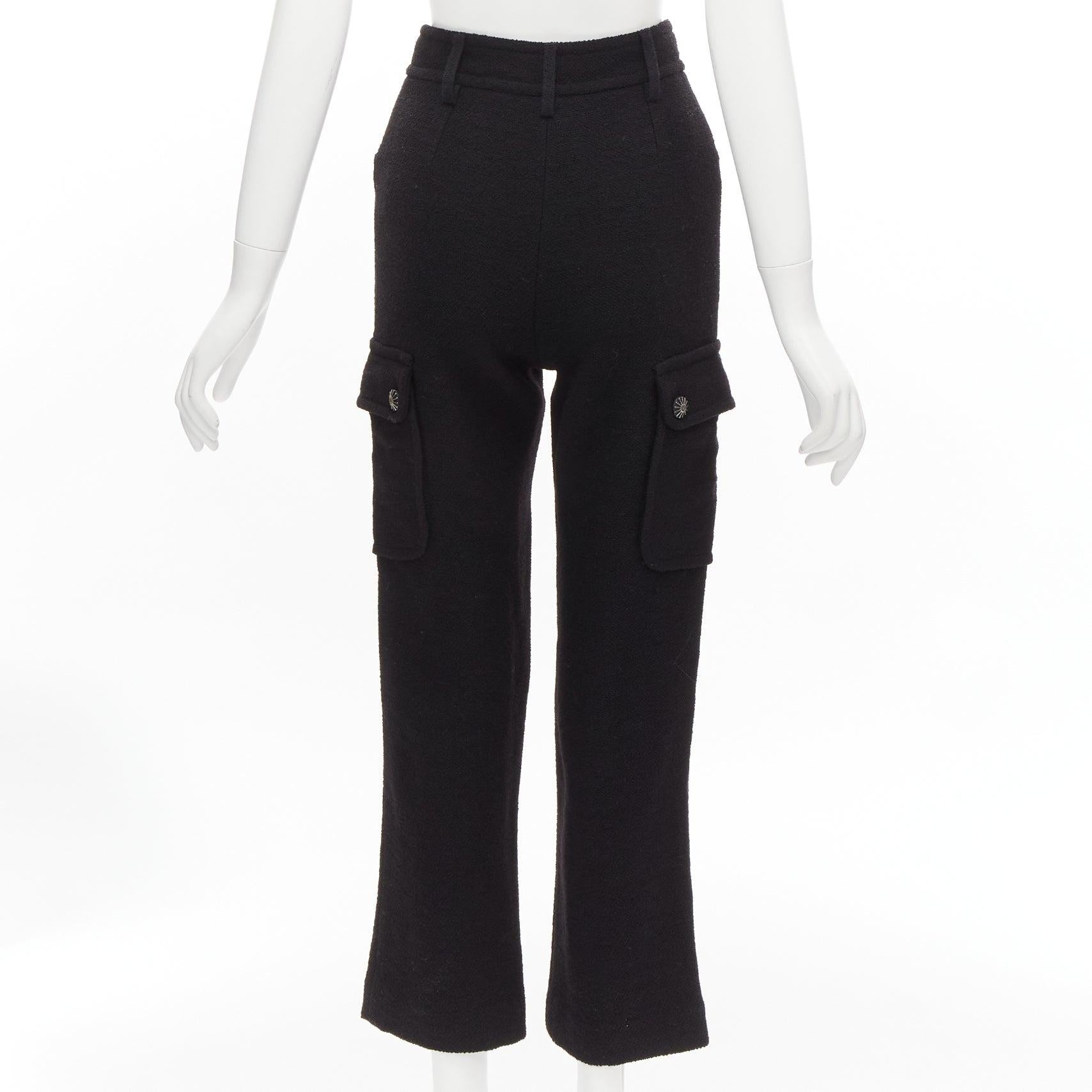 Women's CHANEL black wool tweed silk lined cargo pocket pants FR34 XS For Sale
