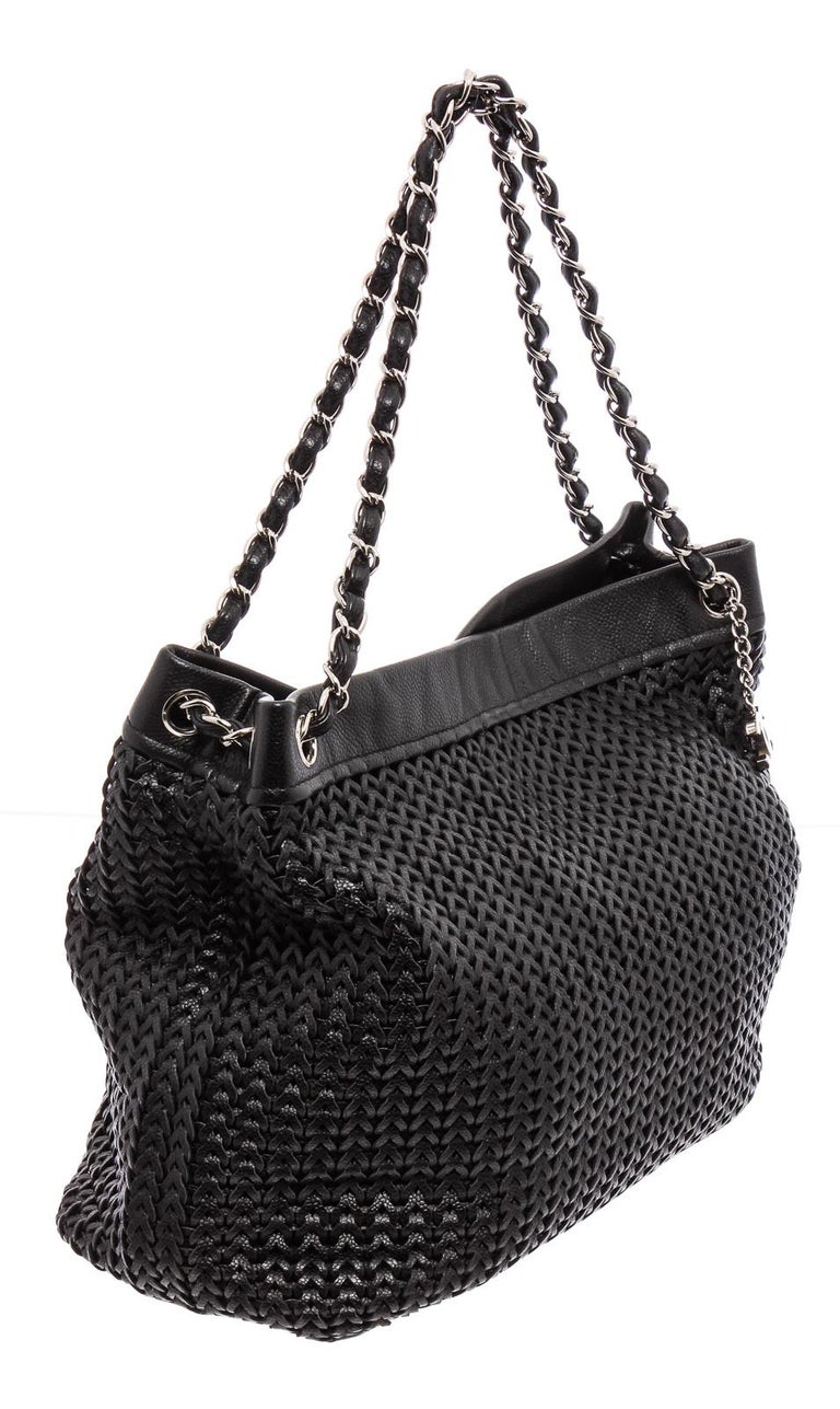 Chanel Black Woven Braided Leather CC Silver Chain Tote Shoulder Bag at ...