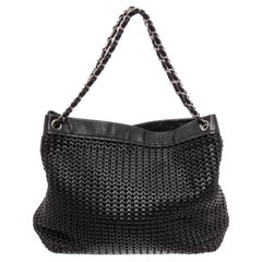 Chanel Black Woven Braided Leather CC Silver Chain Tote Shoulder Bag