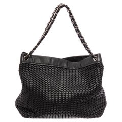 Chanel Black Woven Braided Leather CC Silver Chain Tote Shoulder Bag